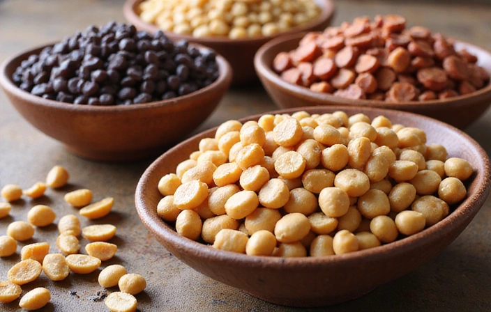 Un assortimento di legumi secchi in ciotole separate, come lenticchie, fagioli e ceci, che simboleggiano le fonti di fibre solubili.