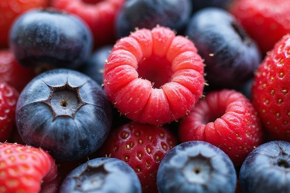 Un primo piano di frutti di bosco freschi e colorati, come mirtilli, lamponi e fragole, che simboleggiano gli antiossidanti e la salute.