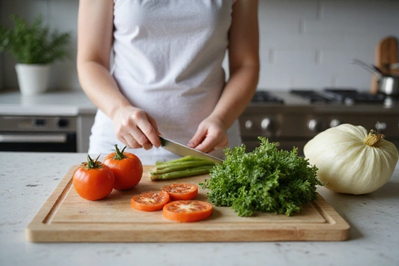 Un'immagine che mostra una persona che prepara un pasto sano in cucina, con ingredienti freschi sul tagliere.