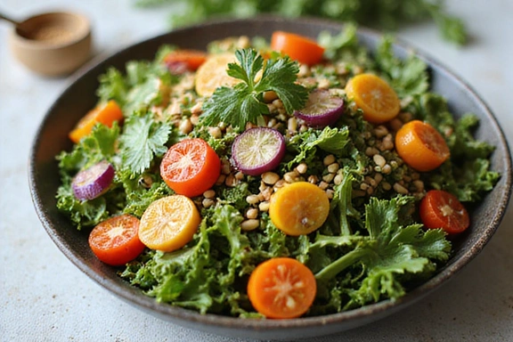 Una ciotola di insalata fresca con verdure colorate e semi, che simboleggia una dieta sana e bilanciata.