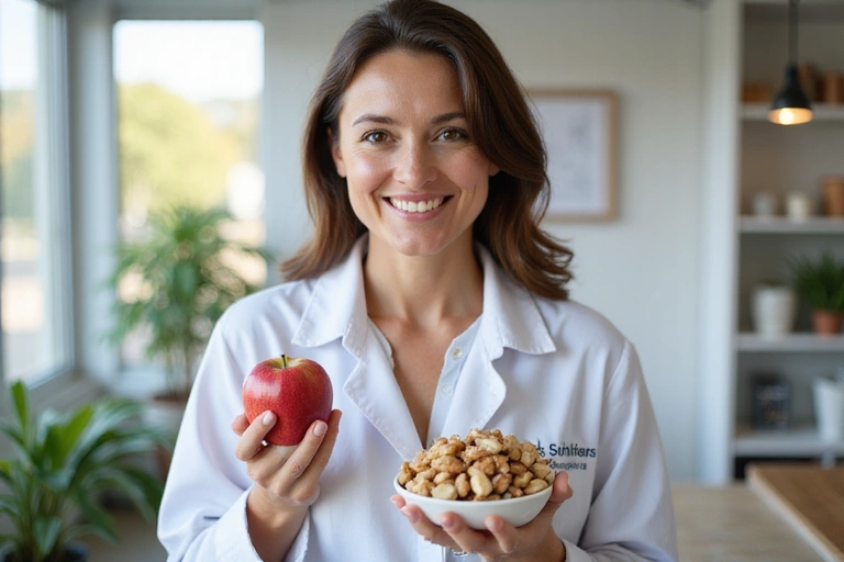 Nutrizionista esperto che sorride e tiene in mano alimenti sani