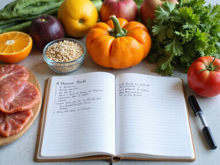 Tavolo con ingredienti freschi e un quaderno per il piano alimentare